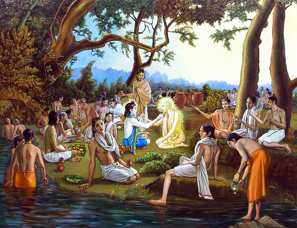 The opulent chipped rice festival offered by Raghunatha Dasa to Lord Nityananda and His associates.